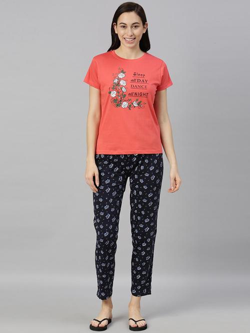 coral round neck pyjama set nightwear - 20648375 - Very Small Image - 1
