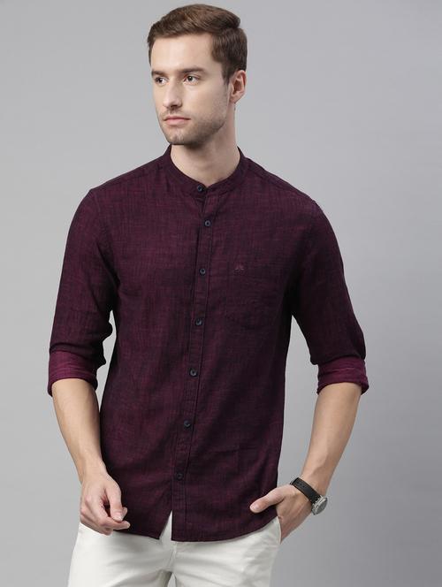 men burgundy mandarin collar casual shirt - 20649134 - Very Small Image - 1