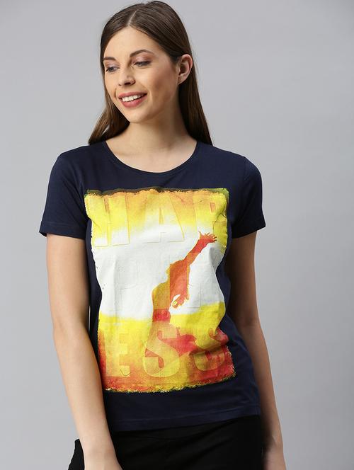 women navy blue cotton graphic t-shirt - 20649950 - Very Small Image - 1
