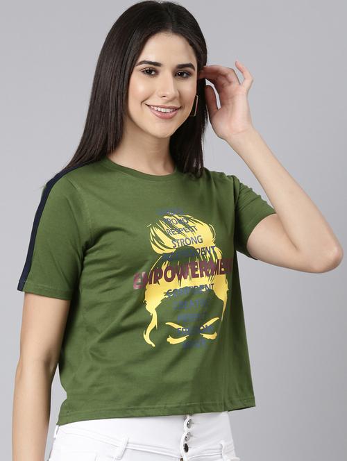 olive green front print taped sleeves detailed crop t-shirt - 20650075 - Very Small Image - 1