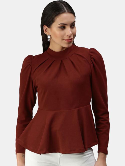 women maroon high neck peplum top - 20650119 - Very Small Image - 1