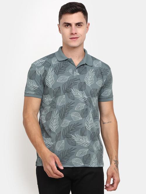green leaf printed casual polo t-shirt - 20669042 - Very Small Image - 1