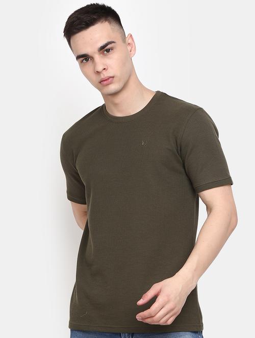 olive green self design regular t-shirt - 20672382 - Very Small Image - 1
