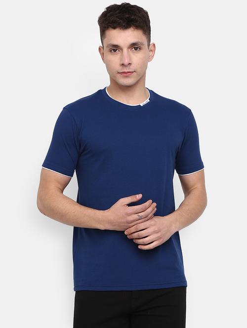 navy blue self design detailed regular t-shirt - 20672393 - Very Small Image - 1