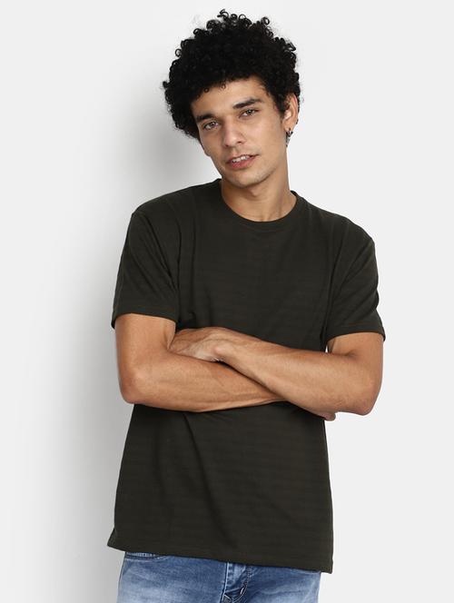 olive green self design detailed casual t-shirt - 20672599 - Very Small Image - 1
