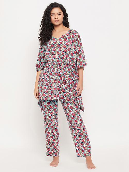 women printed kaftan & full length trouser pyjama set - 20684041 - Very Small Image - 1