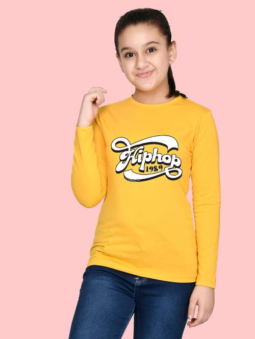 kids yellow chest print round neck t-shirt - 20684546 - Very Small Image - 1
