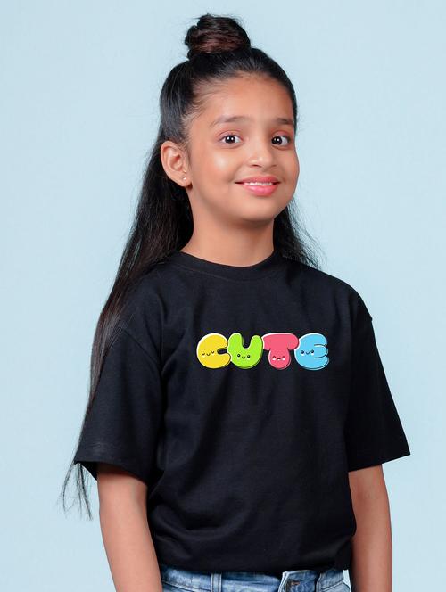 kids black chest print round neck t-shirt - 20684567 - Very Small Image - 1