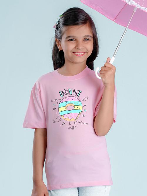 kids pink chest print round neck t-shirt - 20684605 - Very Small Image - 1