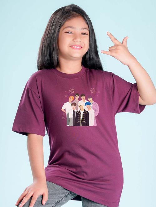 kids burgundy chest print round neck t-shirt - 20684671 - Very Small Image - 1