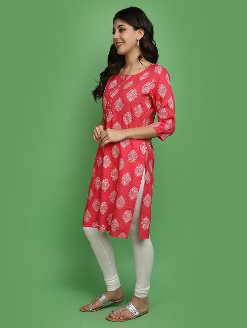 coral three quarter sleeve straight kurta - 20685931 - Very Small Image - 1