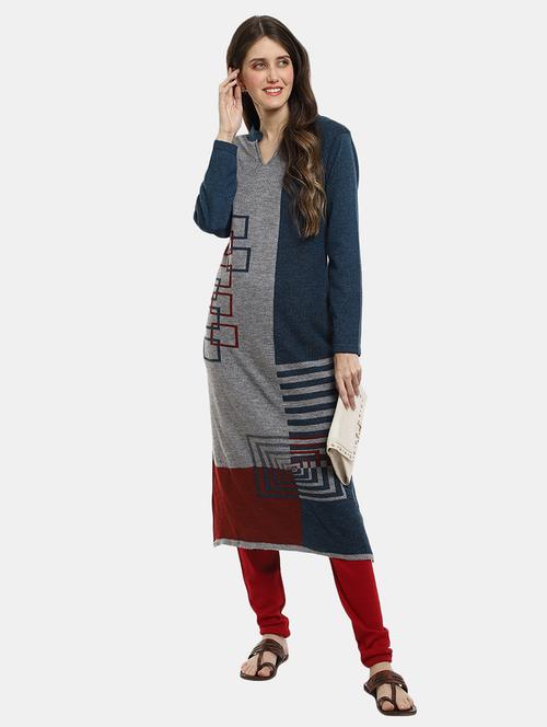 teal self design straight woolen kurta - 20685969 - Very Small Image - 1