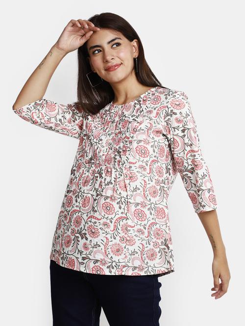 off white floral printed a-line kurti - 20686046 - Very Small Image - 1