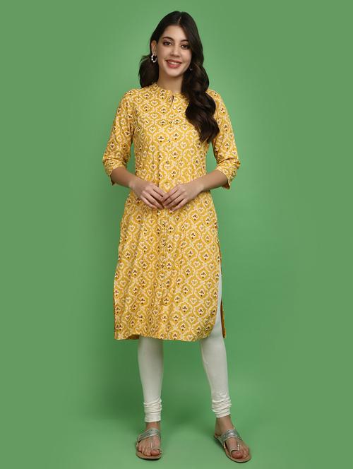 yellow three quarter sleeve straight kurta - 20686072 - Very Small Image - 1