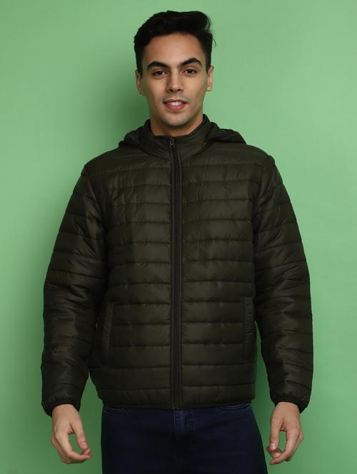 men olive green casual detachable hooded jacket - 20686367 - Very Small Image - 1