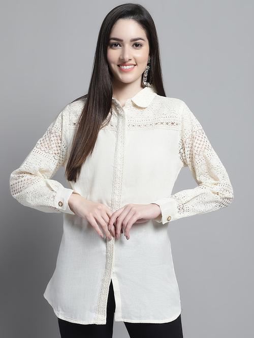 women cream cotton regular lace shirt - 20686558 - Very Small Image - 1