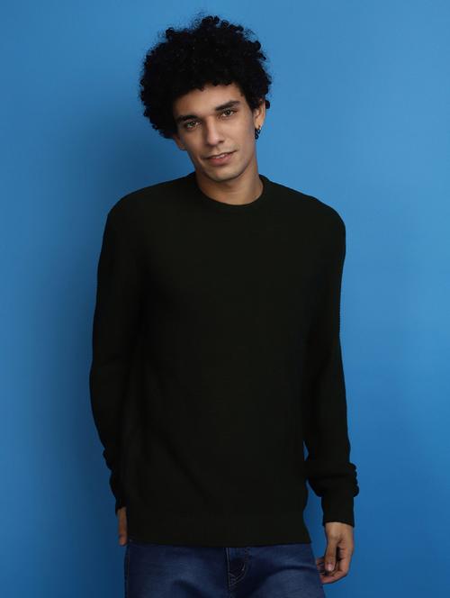 dark green self design round neck pullover - 20686813 - Very Small Image - 1