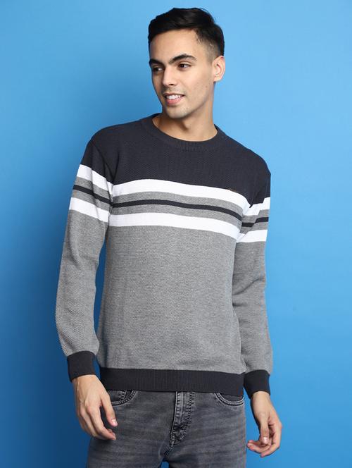 grey & blue striped detailed round neck pullover - 20686837 - Very Small Image - 1