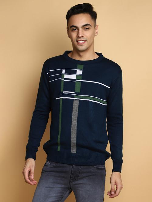 navy blue self design detailed round neck pullover - 20686852 - Very Small Image - 1