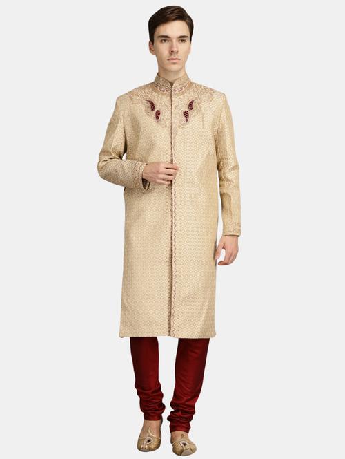 gold self design detailed sherwani set - 20687498 - Very Small Image - 1