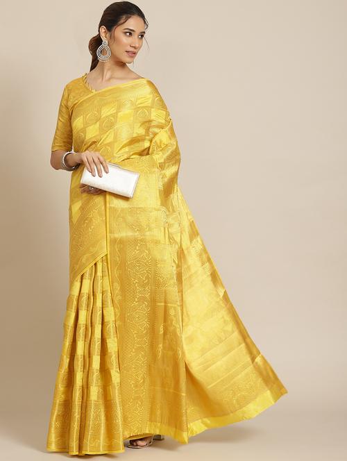 yellow self design banarasi saree with blouse - 20706956 - Very Small Image - 1