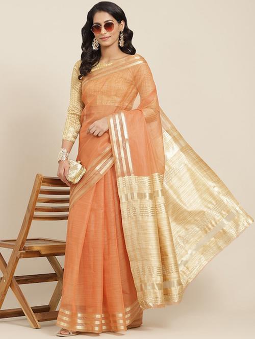 orange solid with bordered saree with blouse - 20706962 - Very Small Image - 1