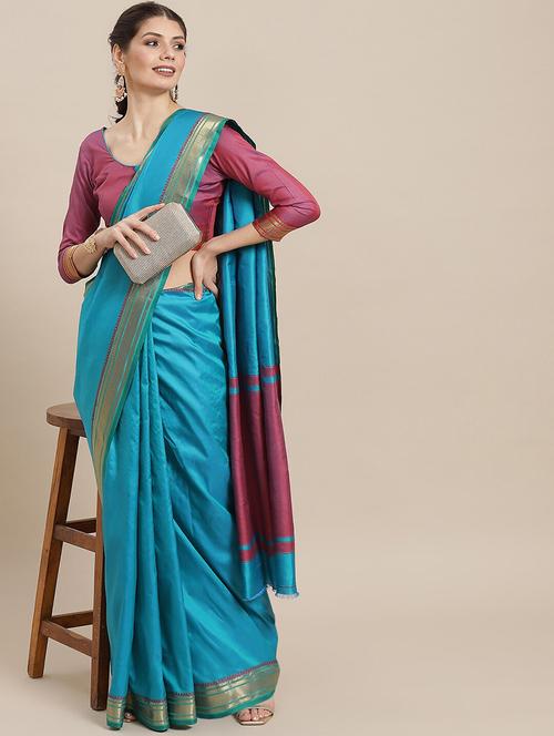 women blue solid bordered saree with blouse - 20706972 - Very Small Image - 1