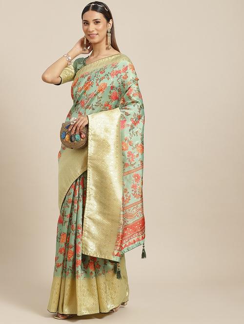 women green floral printed saree with blouse - 20706985 - Very Small Image - 1