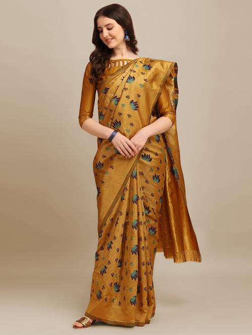 mustard self design banarasi saree with blouse - 20707040 - Very Small Image - 1