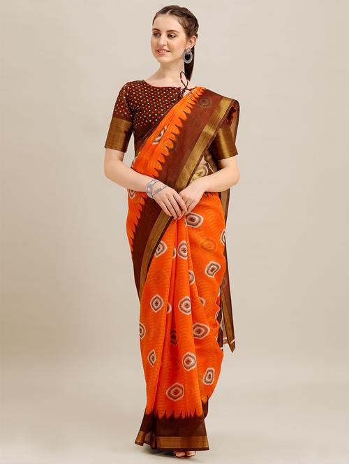 orange cotton blend printed saree with blouse - 20707043 - Very Small Image - 1