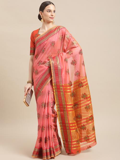 peach self design bordered saree with blouse - 20707051 - Very Small Image - 1