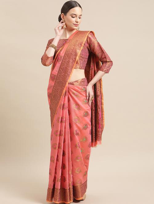 pink self design bordered saree with blouse - 20707052 - Very Small Image - 1