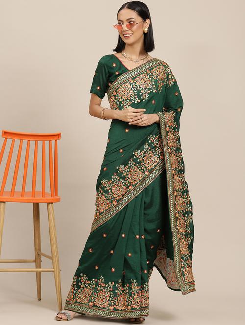 green georgette embroidered saree with blouse - 20707079 - Very Small Image - 1