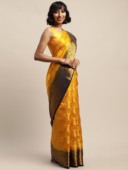 yellow self design banarasi saree with blouse - 20707095 - Very Small Image - 1