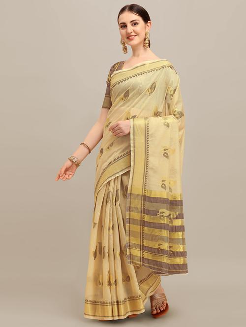 cream self design bordered saree with blouse - 20707117 - Very Small Image - 1