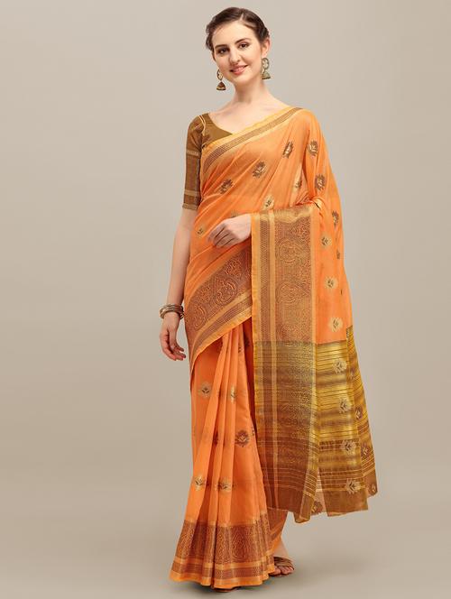orange self design bordered saree with blouse - 20707122 - Very Small Image - 1