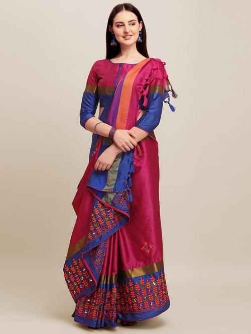 pink cotton blend embroidered saree with blouse - 20707137 - Very Small Image - 1