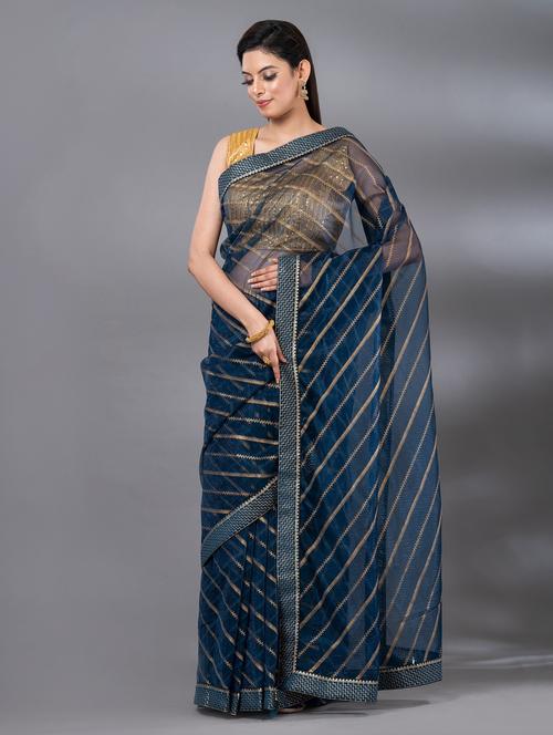 teal printed bordered saree with blouse - 20707193 - Very Small Image - 1