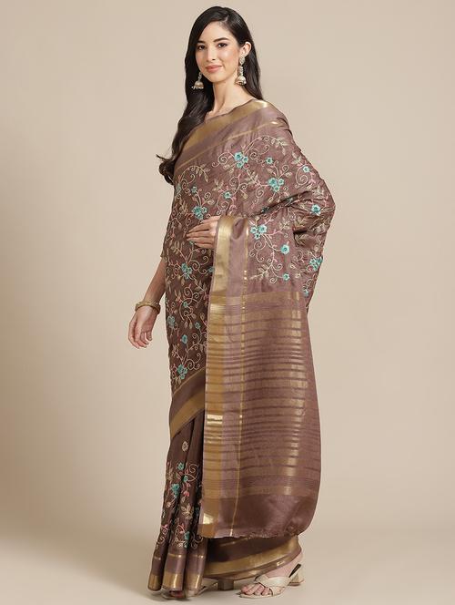 women brown embroidered saree with blouse - 20707274 - Very Small Image - 1