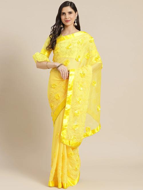 yellow chiffon embroidered saree with blouse - 20707345 - Very Small Image - 1