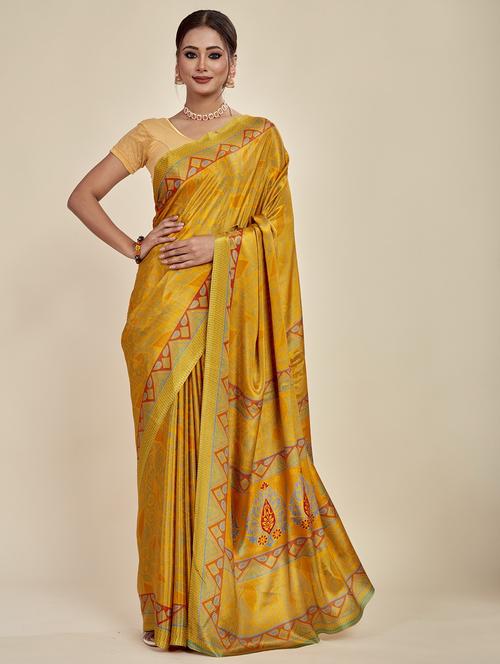 yellow crepe printed saree with blouse - 20707355 - Very Small Image - 1