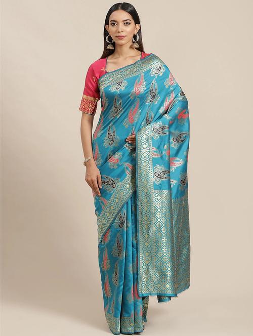 turquoise self design banarasi saree - 20707366 - Very Small Image - 1