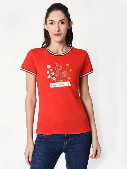 red chest print round neck t-shirt - 20720839 - Very Small Image - 1