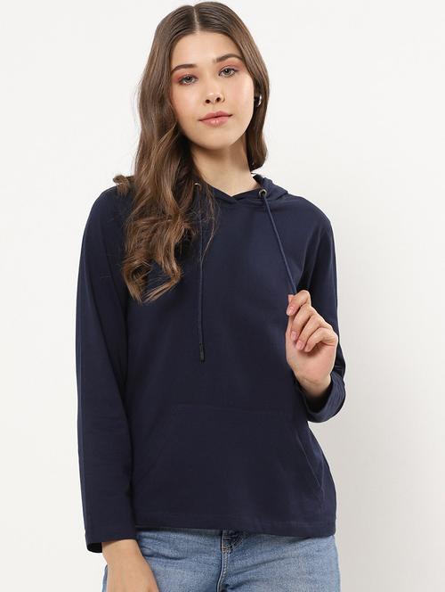 women navy blue cotton hooded t-shirt - 20720892 - Very Small Image - 1