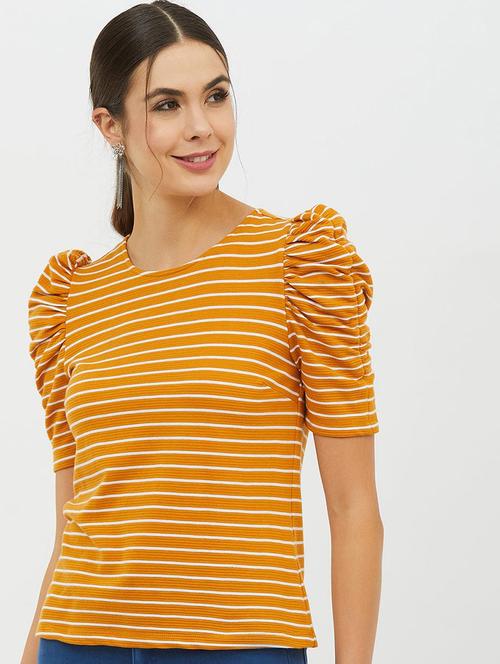 mustard striped detailed round neck top - 20721179 - Very Small Image - 1