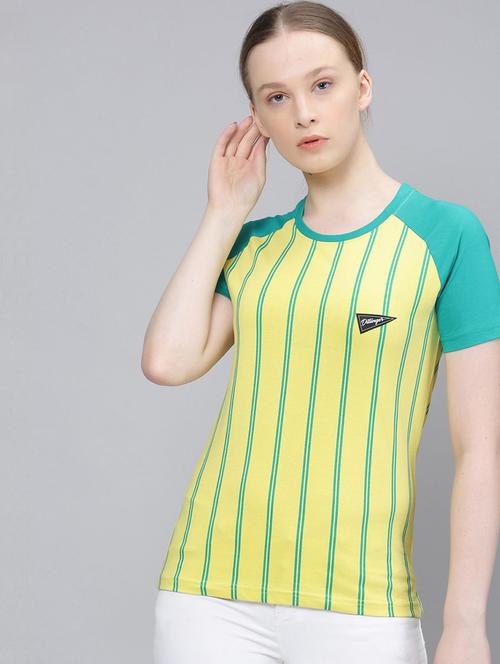 women blue striped, yellow round neck regular t-shirt - 20721277 - Very Small Image - 1