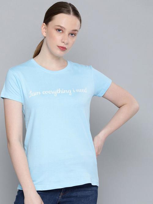 light blue chest print round neck t-shirt - 20721294 - Very Small Image - 1
