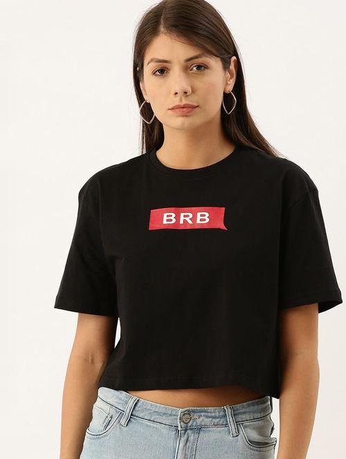 black chest print round neck crop t-shirt - 20721340 - Very Small Image - 1