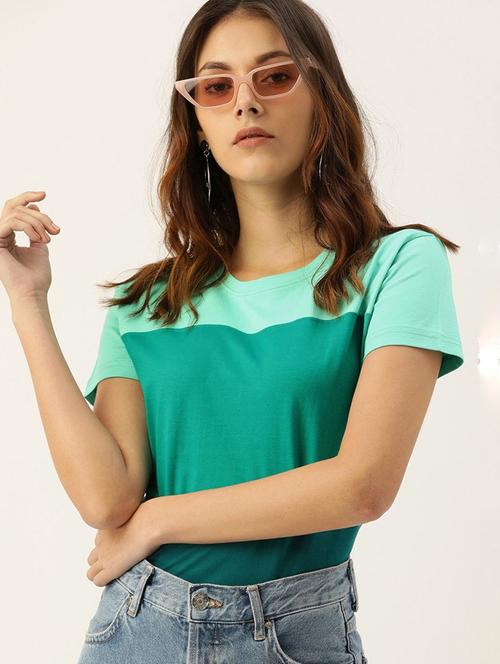 women round neck color block t-shirt - 20721376 - Very Small Image - 1