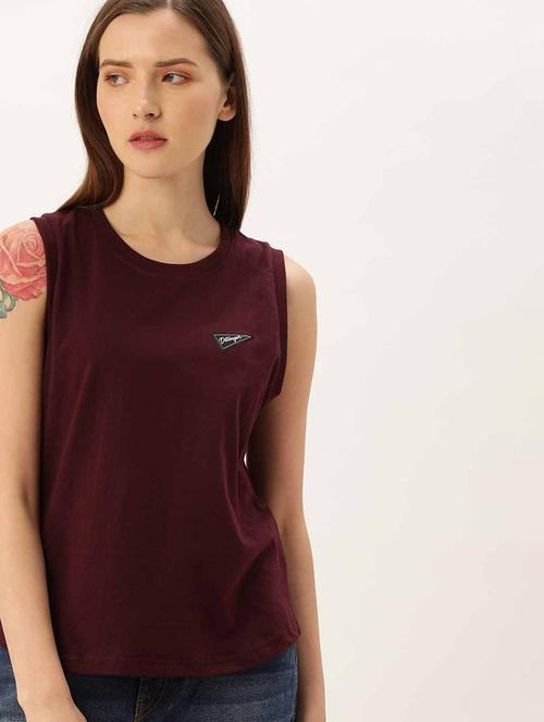women burgundy cotton regular sleeveless t-shirt - 20721474 - Very Small Image - 1